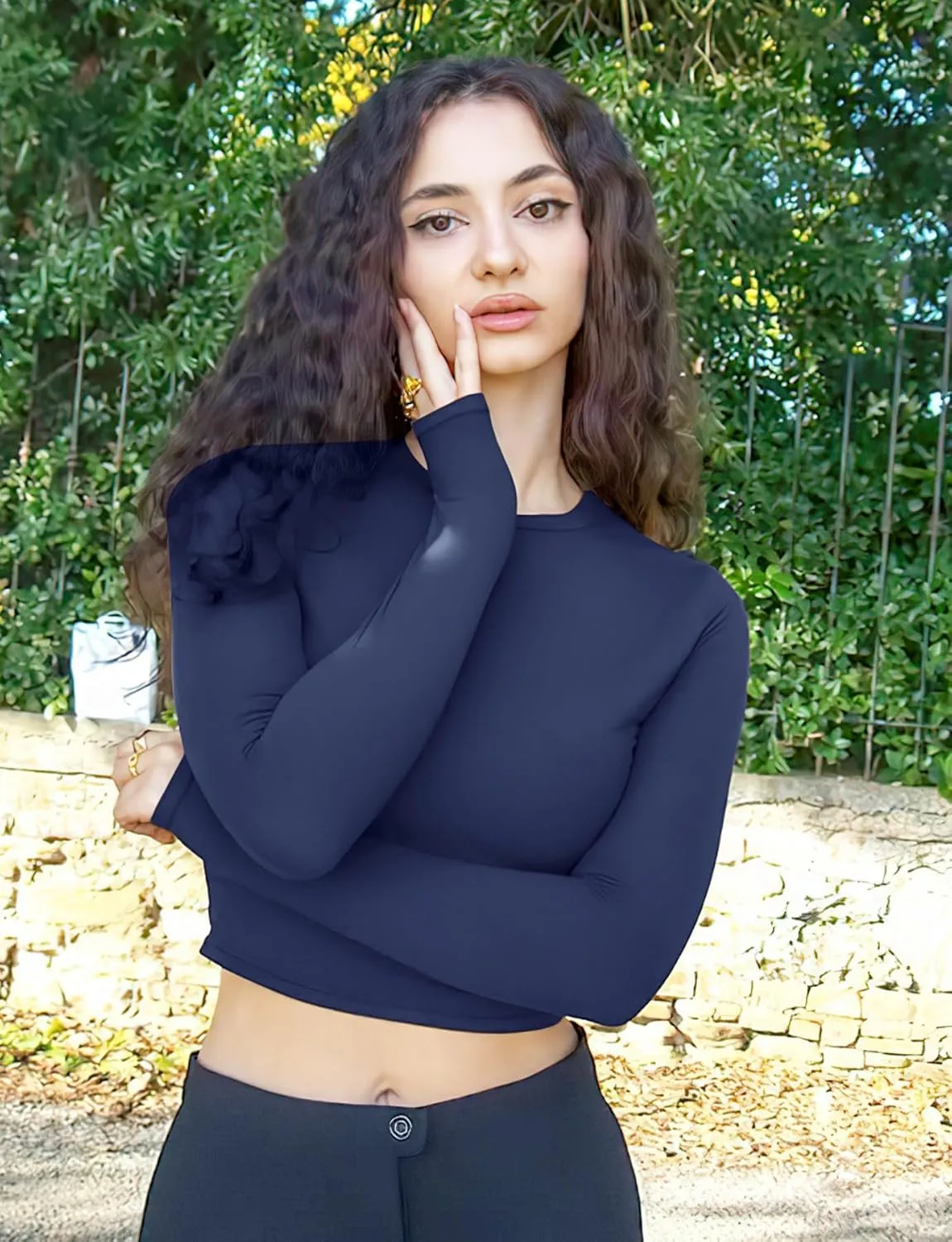 YEOREO Long Sleeve Shirts for Women y2k Tops Double Lined Basic Tee Crew Neck Going Out Sweeney Workout Undershirt