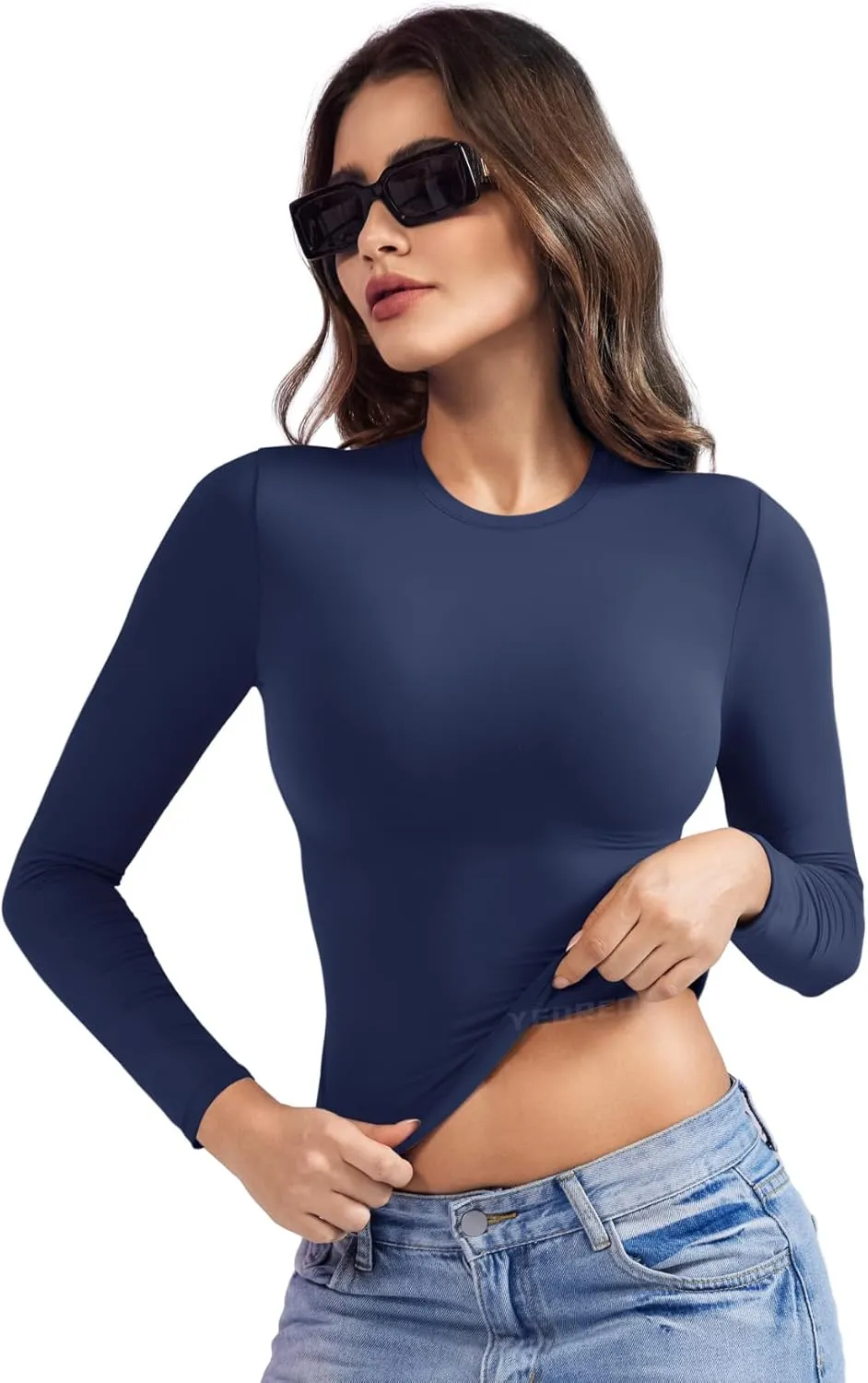 YEOREO Long Sleeve Shirts for Women y2k Tops Double Lined Basic Tee Crew Neck Going Out Sweeney Workout Undershirt
