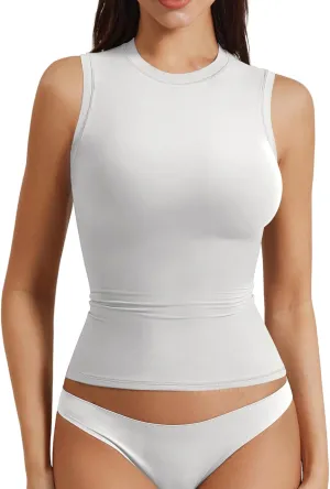 YEOREO Women Basic Mock Neck Workout Crop Top Sleeveless Double Lined Tank Tee Slim Fitted Ruched Going Out Camisole
