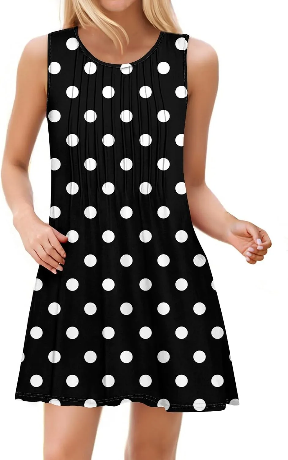 Yesunpxs Women Summer Dresses Loose Crew Neck Dress Casual Print Pleated Tank Dress Beach Sleeveless Sundresses with Pockets
