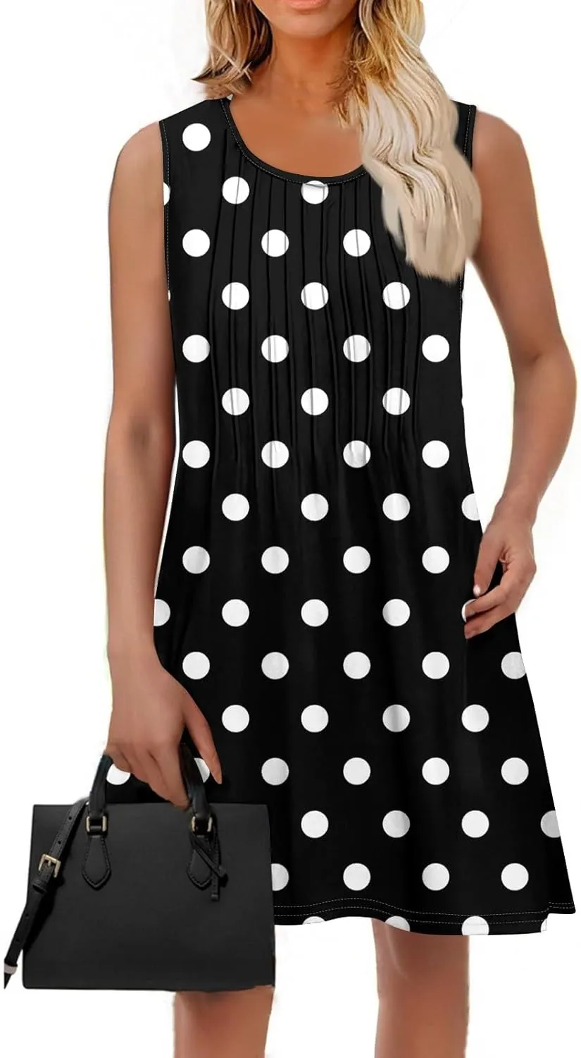 Yesunpxs Women Summer Dresses Loose Crew Neck Dress Casual Print Pleated Tank Dress Beach Sleeveless Sundresses with Pockets