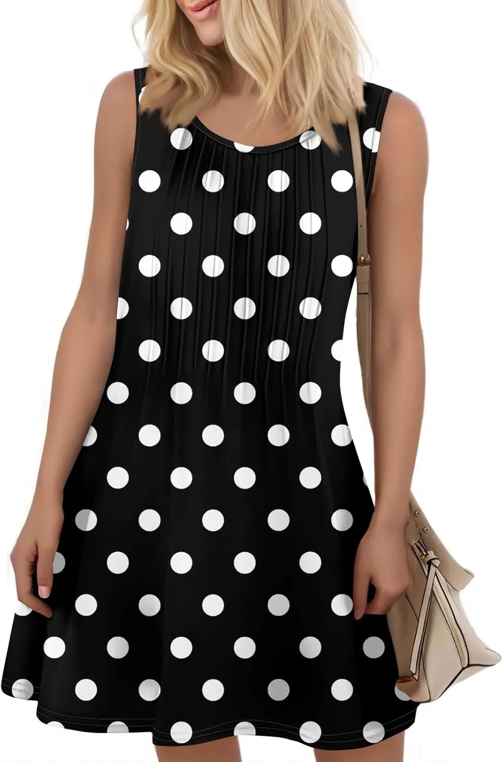 Yesunpxs Women Summer Dresses Loose Crew Neck Dress Casual Print Pleated Tank Dress Beach Sleeveless Sundresses with Pockets