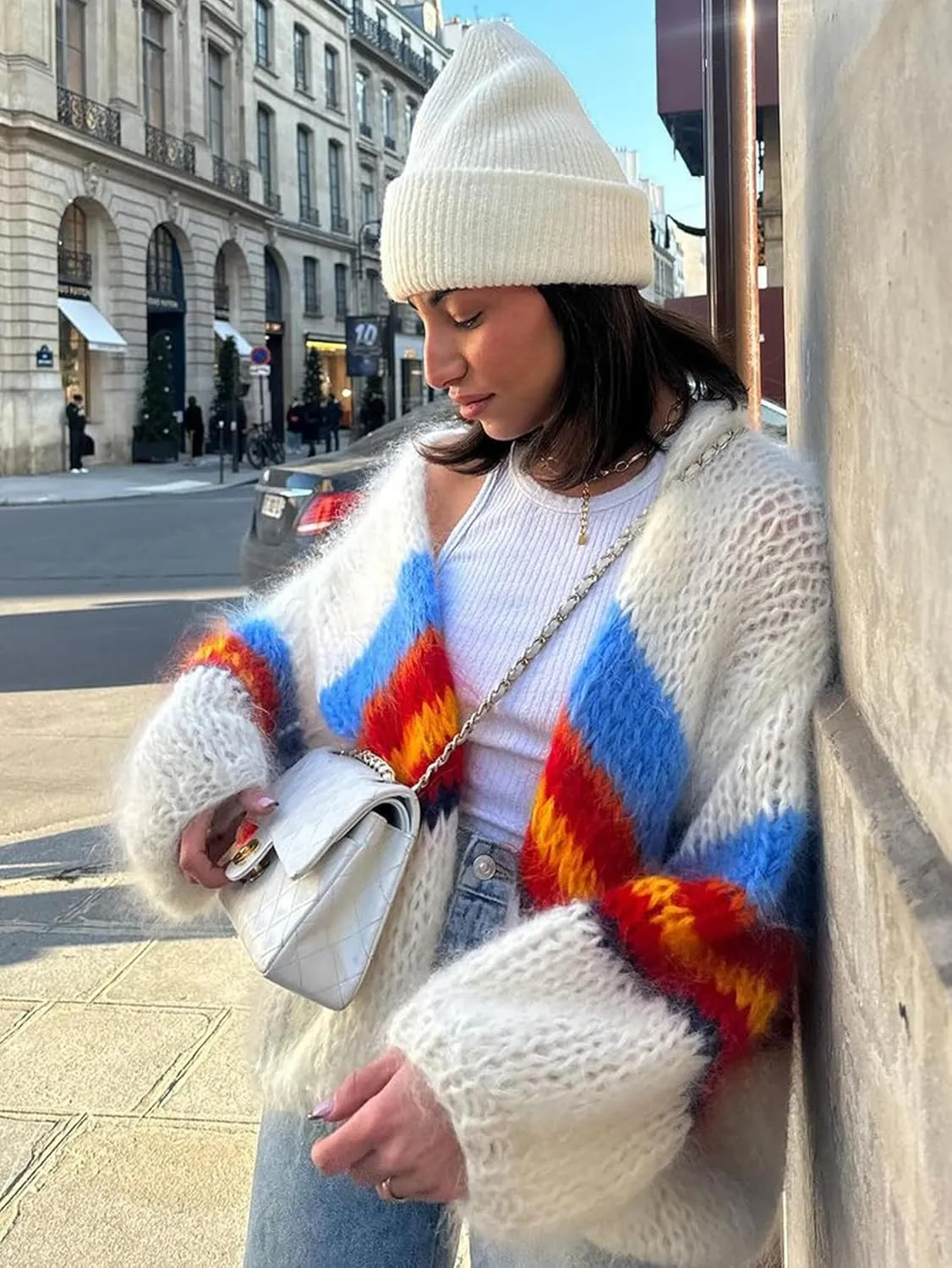YKR Womens Striped Color Block Cardigan Sweaters Colorful Open Front Crochet Cardigans Lightweight Loose Knit Sweater