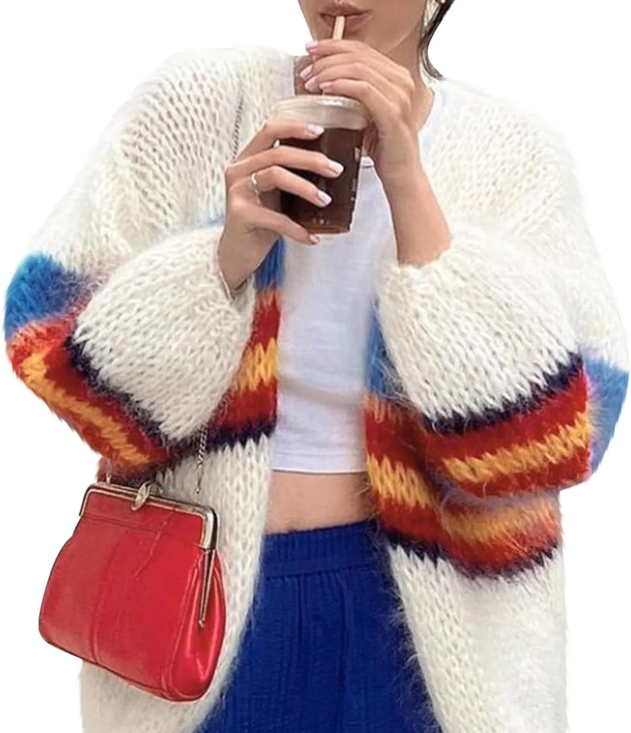 YKR Womens Striped Color Block Cardigan Sweaters Colorful Open Front Crochet Cardigans Lightweight Loose Knit Sweater