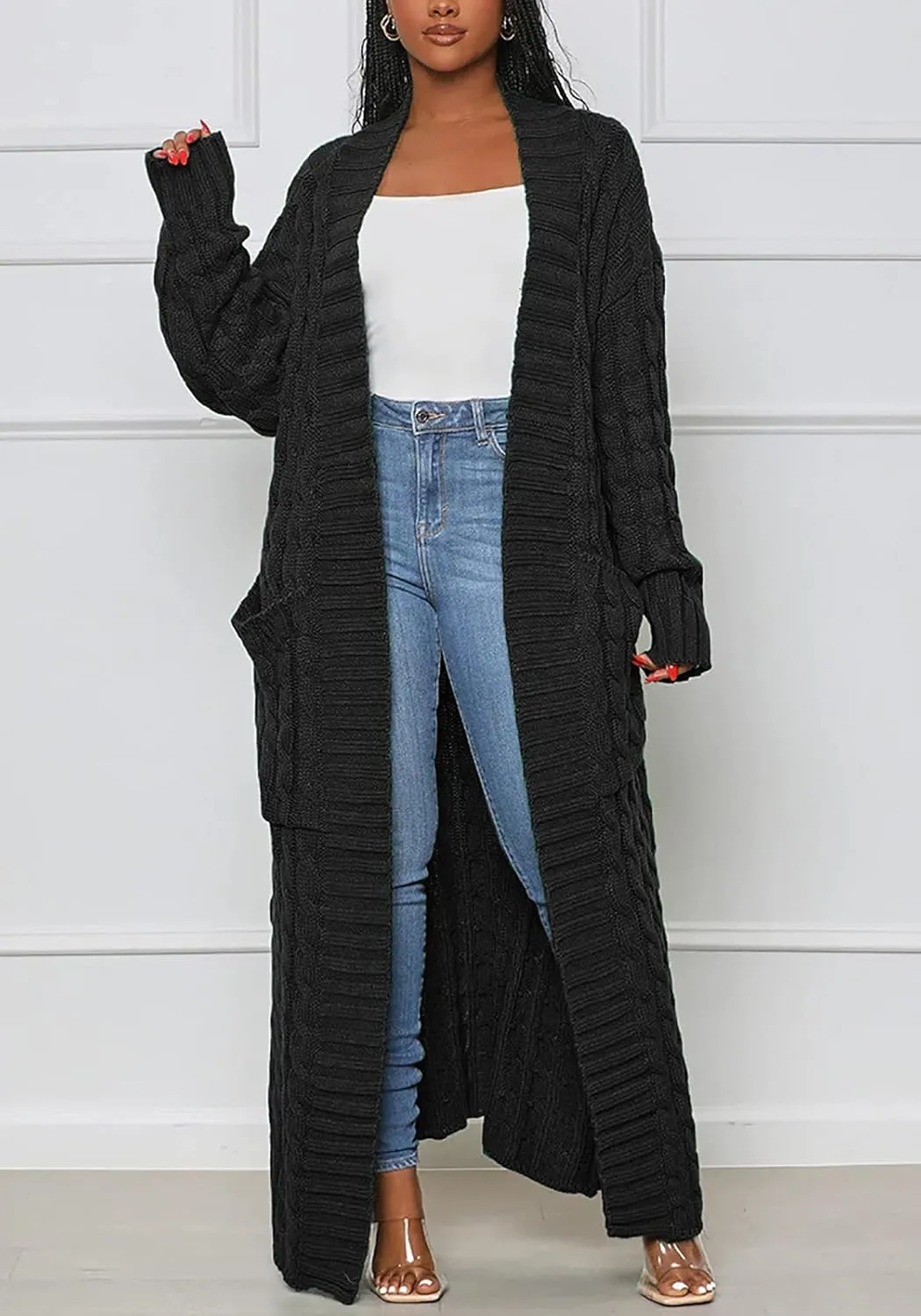 YOOTIKO Long Cardigan Sweaters for Women Loose Floor Length Cable Knit Open Front Chunky Oversize Sweater with Pockets