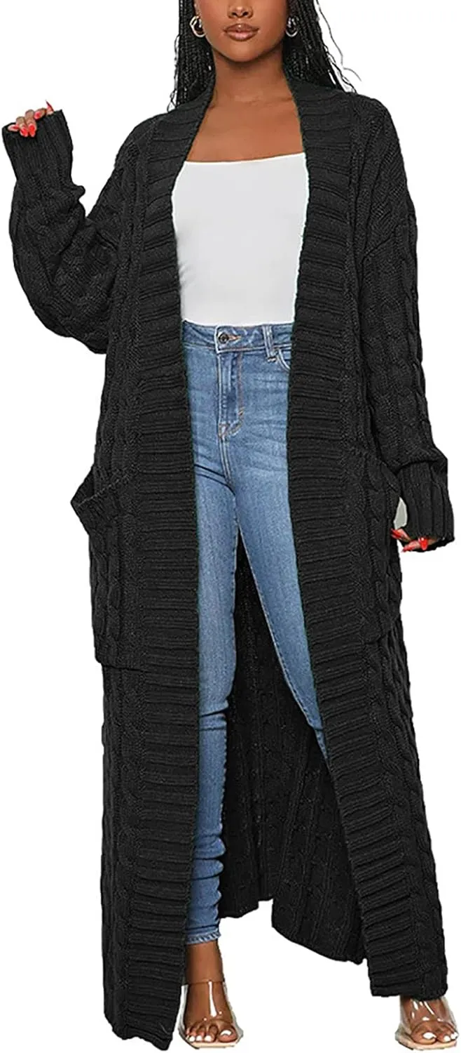 YOOTIKO Long Cardigan Sweaters for Women Loose Floor Length Cable Knit Open Front Chunky Oversize Sweater with Pockets