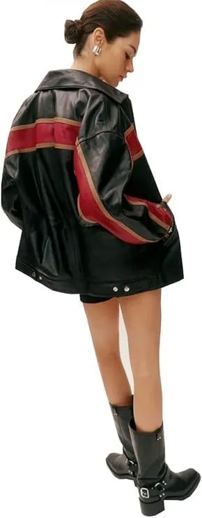 Zaine Enterprises Womens Fashion 90'S Ultra Vintage Oversized Stripe Biker Rider Moto Genuine Leather Bomber Jacket