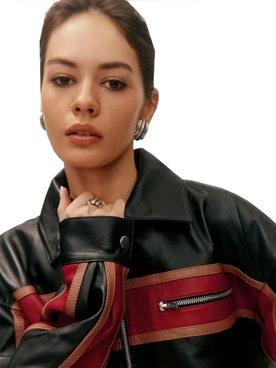Zaine Enterprises Womens Fashion 90'S Ultra Vintage Oversized Stripe Biker Rider Moto Genuine Leather Bomber Jacket