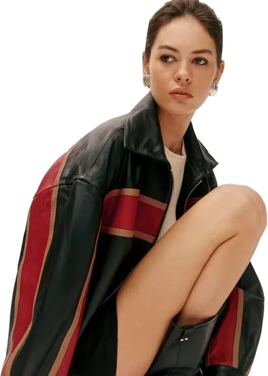 Zaine Enterprises Womens Fashion 90'S Ultra Vintage Oversized Stripe Biker Rider Moto Genuine Leather Bomber Jacket