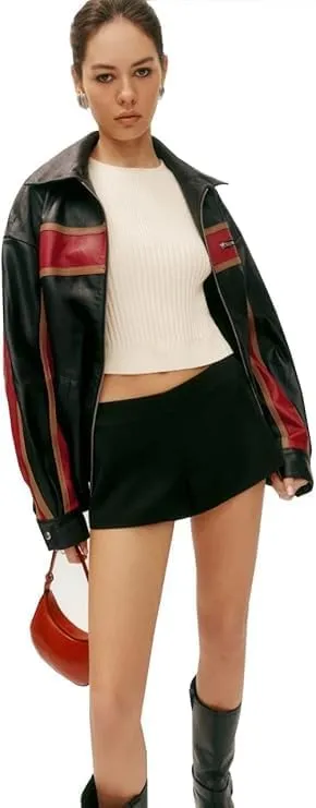 Zaine Enterprises Womens Fashion 90'S Ultra Vintage Oversized Stripe Biker Rider Moto Genuine Leather Bomber Jacket
