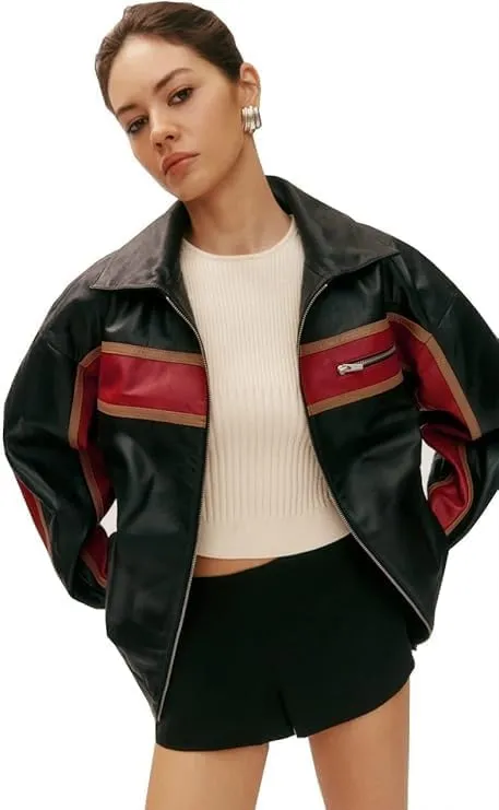 Zaine Enterprises Womens Fashion 90'S Ultra Vintage Oversized Stripe Biker Rider Moto Genuine Leather Bomber Jacket
