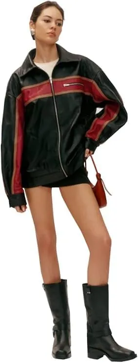 Zaine Enterprises Womens Fashion 90'S Ultra Vintage Oversized Stripe Biker Rider Moto Genuine Leather Bomber Jacket