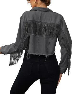 Zeagoo Women Denim Jacket Casual Long Sleeve Distressed Ripped Cropped Coat Fringe Jean Jacket XS-XXL