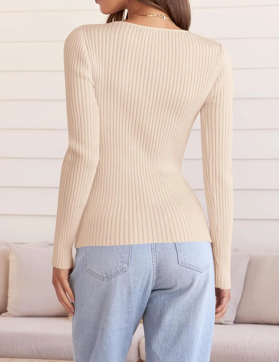 ZESICA Women's Fall Long Sleeve V Neck T Shirts Ribbed Knit Sweater Slim Fit Solid Basic Casual Tee Tops