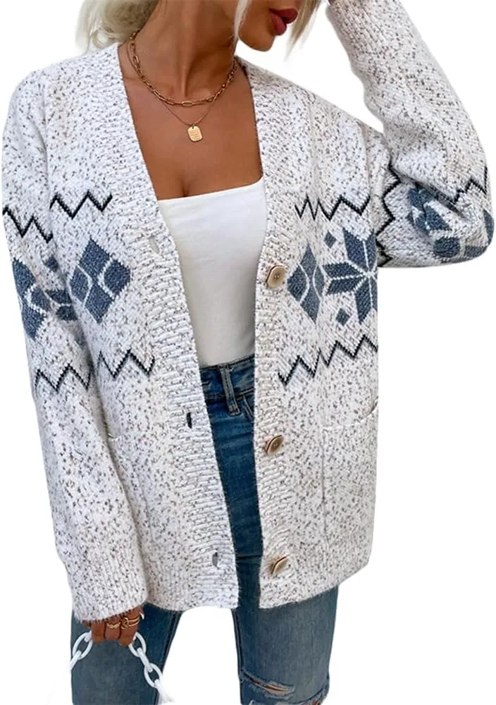 ZOCAVIA Women's Aztec Knit Cardigan Ethnic Vintage Geometric V Neck Long Sleeve Open Front Cardigan Sweater Outwear Coats